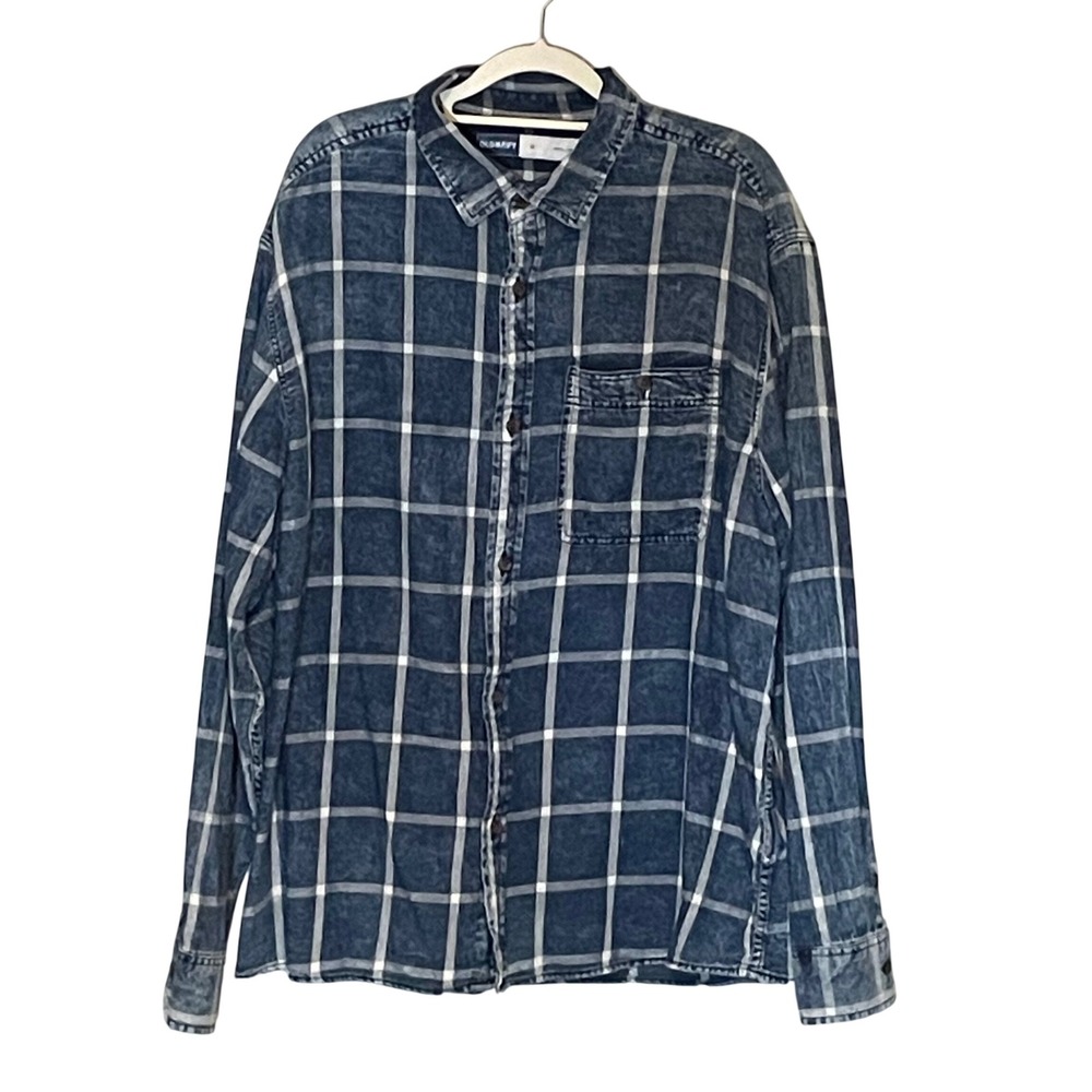 Old Navy Mens Med Blue White Acid Wash Plaid Button Down Shirt Regular Fit Soft